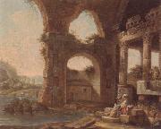 An architectural capriccio with washerwomen by a river, unknow artist